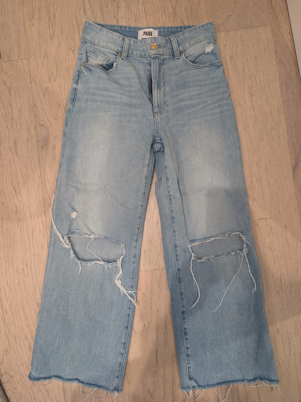 PAIGE Light Blue Distressed Wide-Leg Jeans
